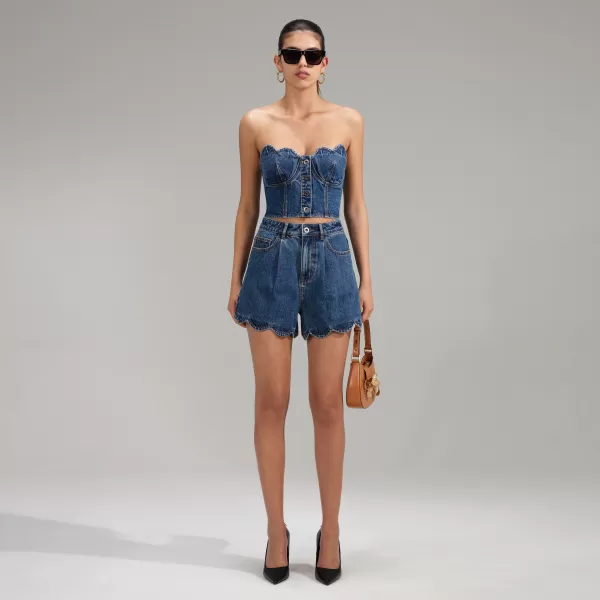 Tops*Self-Portrait Bandeau Denim Crop Top With Scalloped Edge