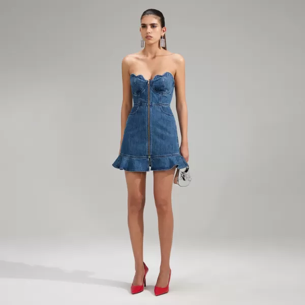 Dresses*Self-Portrait Bandeau Denim Mini Dress With Scalloped Edge