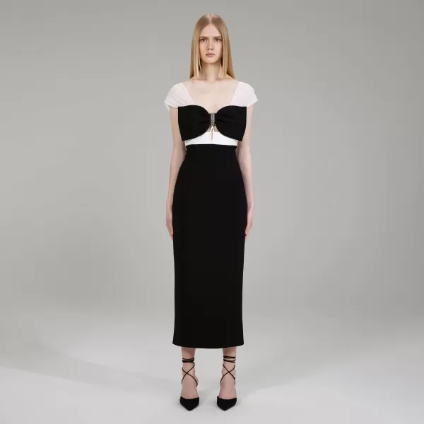 Dresses*Self-Portrait Black And White Crepe Bow Midi Dress