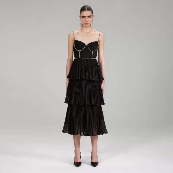 Dresses*Self-Portrait Black Chiffon Tiered Midi Dress Black Chiffon Tiered Midi Dress-Black