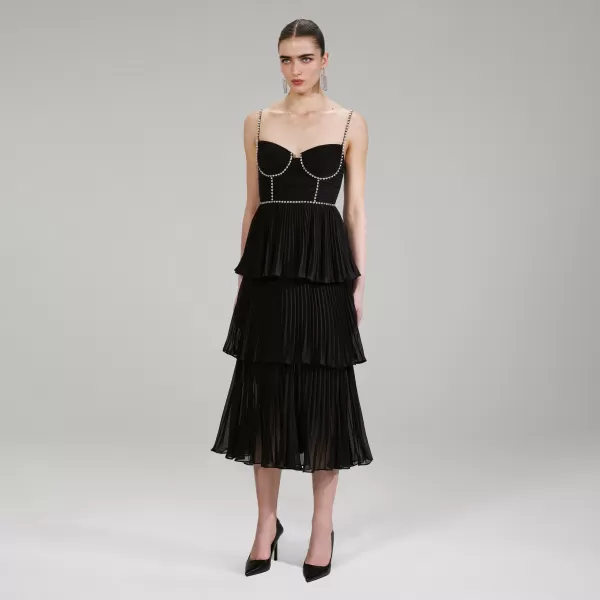 Dresses*Self-Portrait Black Chiffon Tiered Midi Dress Black Chiffon Tiered Midi Dress-Black