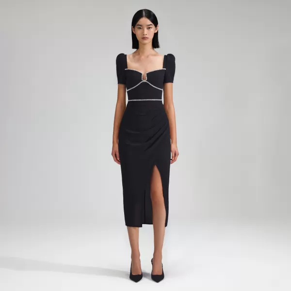 Dresses*Self-Portrait Black Crepe Diamante Midi Dress