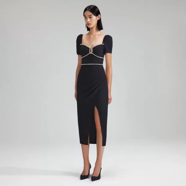 Dresses*Self-Portrait Black Crepe Diamante Midi Dress