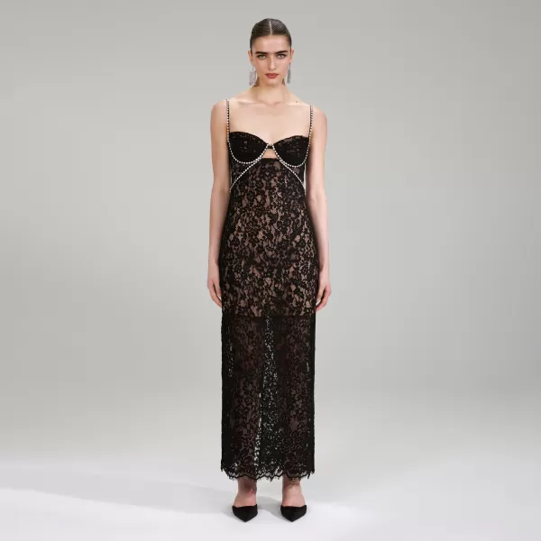 Dresses*Self-Portrait Black Fine Lace Maxi Dress Black Fine Lace Maxi Dress-Black