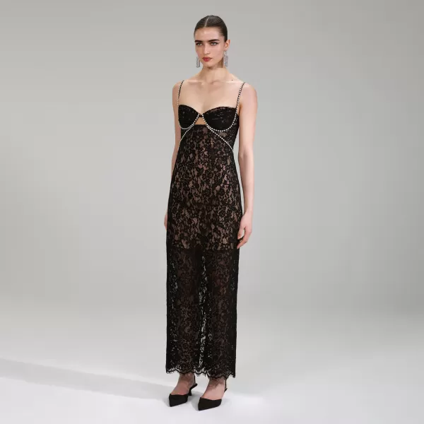 Dresses*Self-Portrait Black Fine Lace Maxi Dress Black Fine Lace Maxi Dress-Black