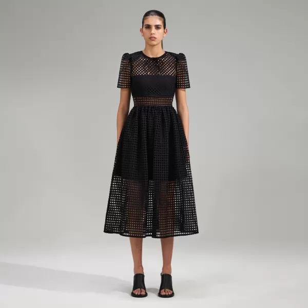 Dresses*Self-Portrait Black Grid Lace Midi Dress