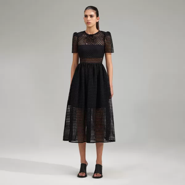 Dresses*Self-Portrait Black Grid Lace Midi Dress