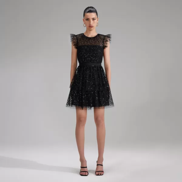 Dresses*Self-Portrait Black Grid Sequin Tiered Mini Dress