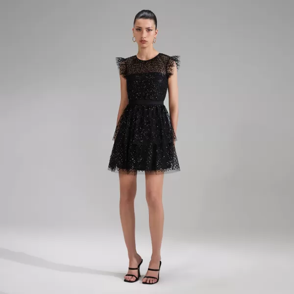 Dresses*Self-Portrait Black Grid Sequin Tiered Mini Dress