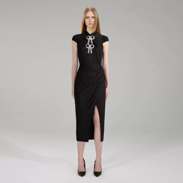 Dresses*Self-Portrait Black Midi Stretch Crepe Dress Black Midi Stretch Crepe Dress-Black