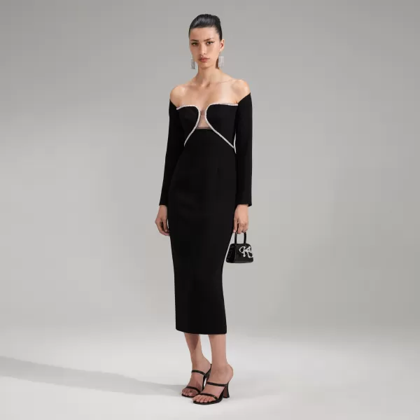 Dresses*Self-Portrait Black Off Shoulder Heavy Crepe Midi Dress