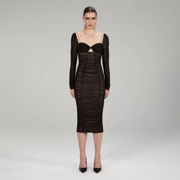 Dresses*Self-Portrait Black Power Mesh Long Sleeve Midi Dress