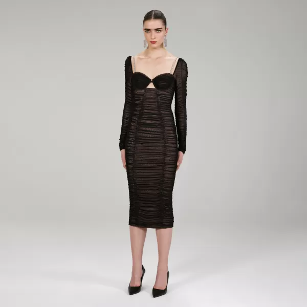 Dresses*Self-Portrait Black Power Mesh Long Sleeve Midi Dress