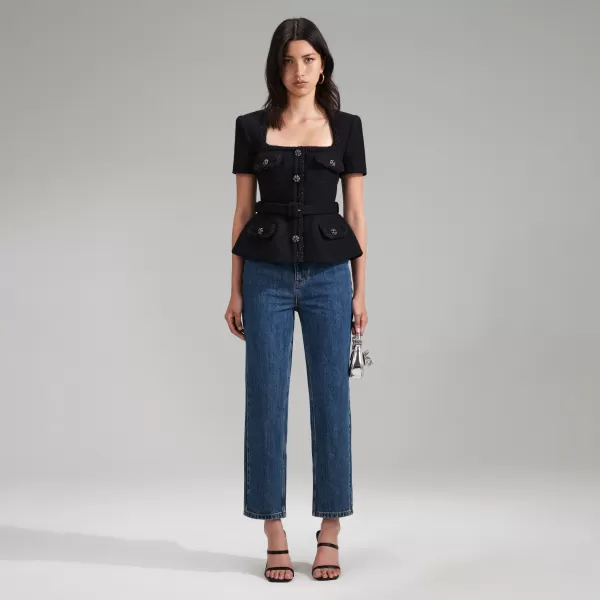 Tops*Self-Portrait Black Tailored Textured Top