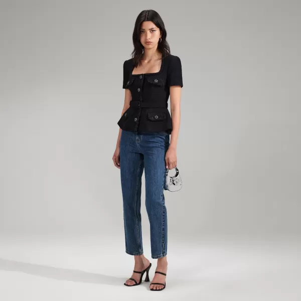 Tops*Self-Portrait Black Tailored Textured Top