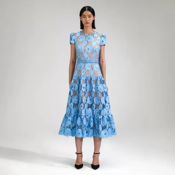 Dresses*Self-Portrait Blue 3D Cotton Lace Midi Dress