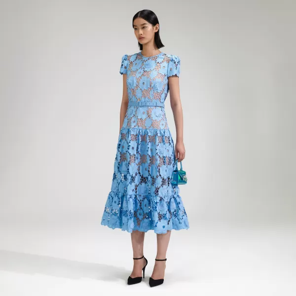 Dresses*Self-Portrait Blue 3D Cotton Lace Midi Dress