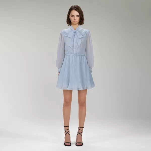 Dresses*Self-Portrait Blue Broderie Collar Chiffon Mini Dress