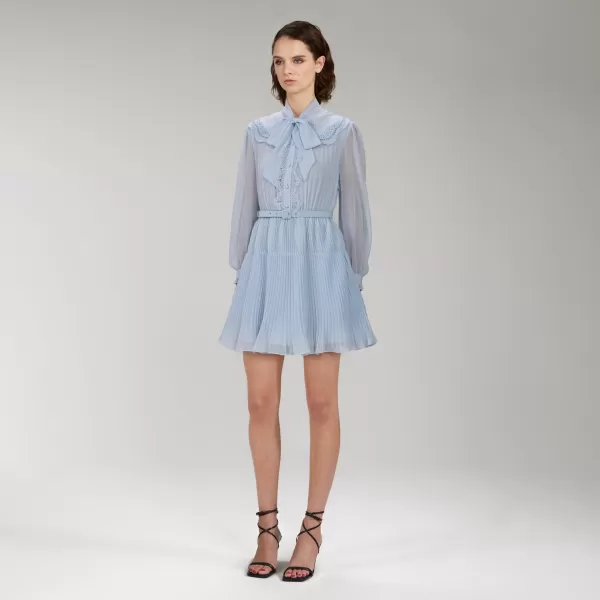 Dresses*Self-Portrait Blue Broderie Collar Chiffon Mini Dress