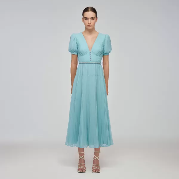 Dresses*Self-Portrait Blue Chiffon Diamante Button Midi Dress