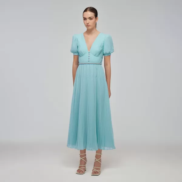 Dresses*Self-Portrait Blue Chiffon Diamante Button Midi Dress