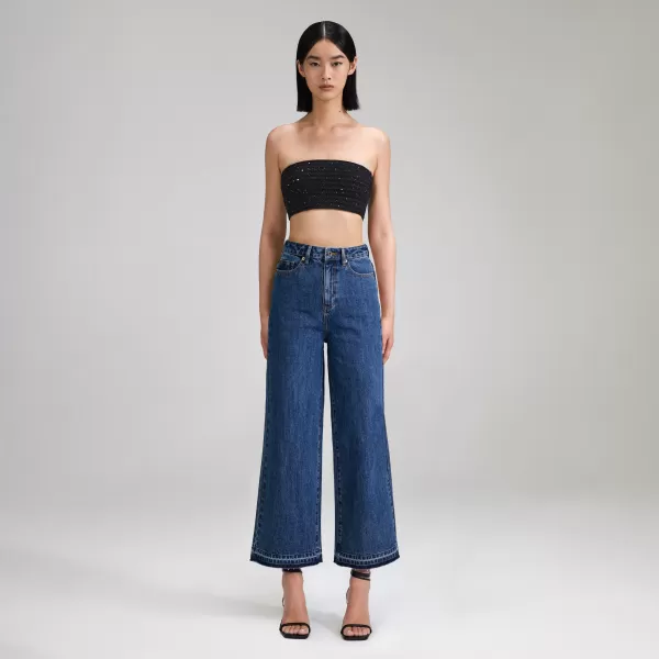 Bottoms*Self-Portrait Blue Denim Cropped High Rise Trouser