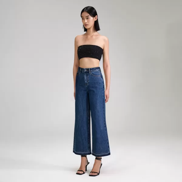 Bottoms*Self-Portrait Blue Denim Cropped High Rise Trouser