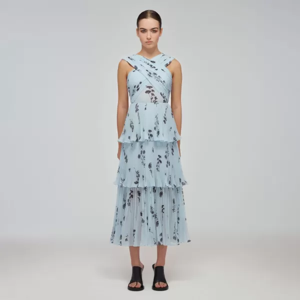 Dresses*Self-Portrait Blue Floral Silhouette Chiffon Crossover Midi Dress