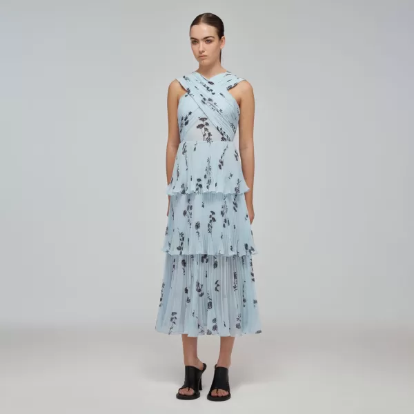 Dresses*Self-Portrait Blue Floral Silhouette Chiffon Crossover Midi Dress