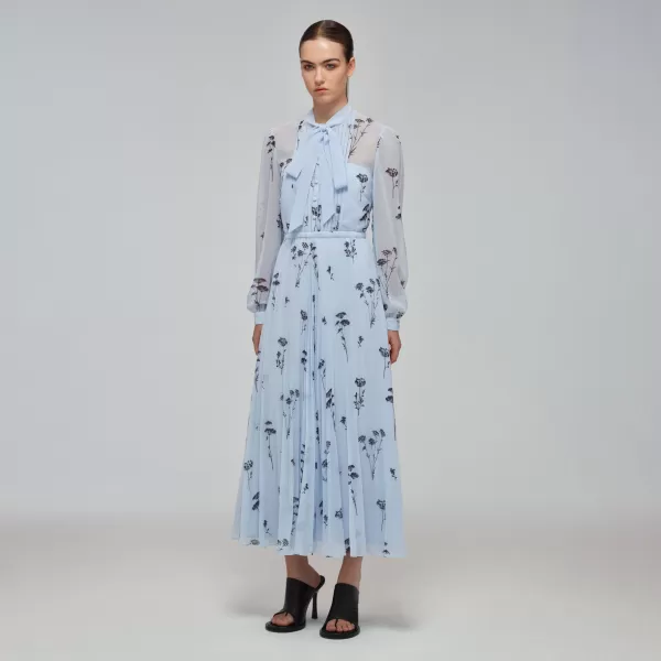 Dresses*Self-Portrait Blue Floral Silhouette Chiffon Midi Dress