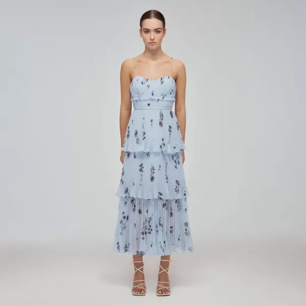 Dresses*Self-Portrait Blue Floral Sleeveless Chiffon Tiered Midi Dress