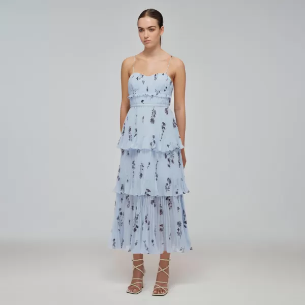 Dresses*Self-Portrait Blue Floral Sleeveless Chiffon Tiered Midi Dress