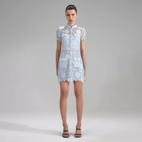 Dresses*Self-Portrait Blue Guipure Lace Short Sleeve Mini Dress