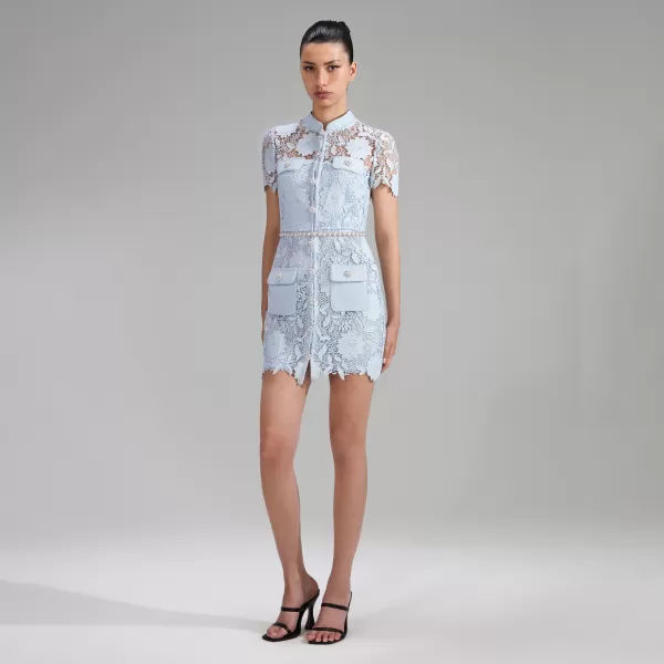 Dresses*Self-Portrait Blue Guipure Lace Short Sleeve Mini Dress