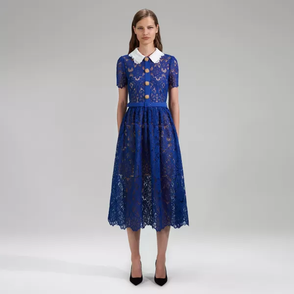 Dresses*Self-Portrait Blue Lace Midi Dress Contrast Collar