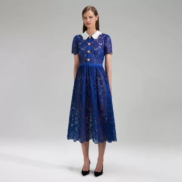 Dresses*Self-Portrait Blue Lace Midi Dress Contrast Collar