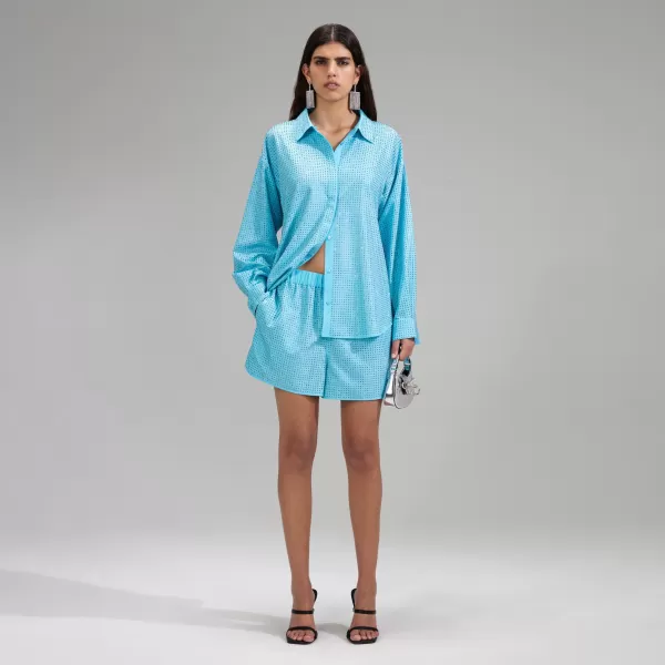 Tops*Self-Portrait Blue Rhinestone Taffeta Oversized Shirt Blue Rhinestone Taffeta Oversized Shirt-Blue