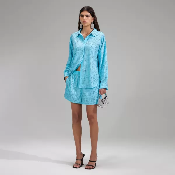 Tops*Self-Portrait Blue Rhinestone Taffeta Oversized Shirt Blue Rhinestone Taffeta Oversized Shirt-Blue