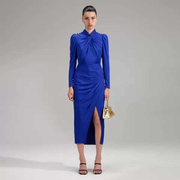 Dresses*Self-Portrait Blue Stretch Crepe Twisted Collar Midi Dress