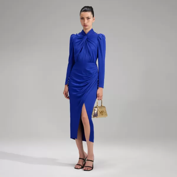 Dresses*Self-Portrait Blue Stretch Crepe Twisted Collar Midi Dress