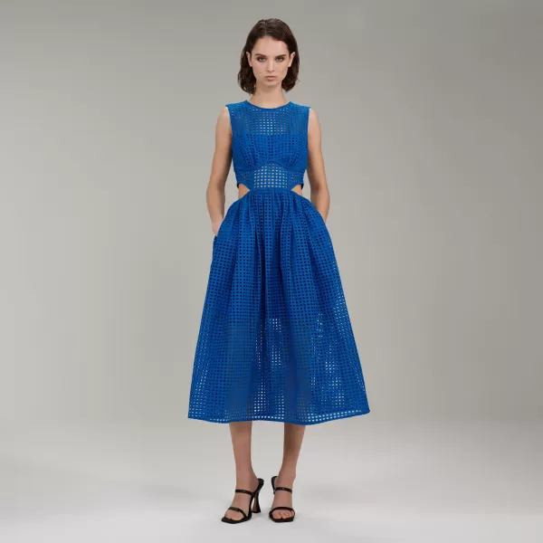 Dresses*Self-Portrait Bright Blue Cotton Broderie Anglaise Midi Dress