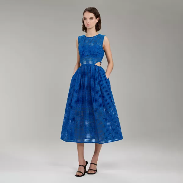 Dresses*Self-Portrait Bright Blue Cotton Broderie Anglaise Midi Dress