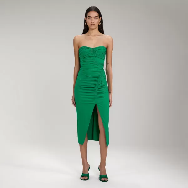 Dresses*Self-Portrait Bright Green Jersey Strapless Ruched Midi Dress