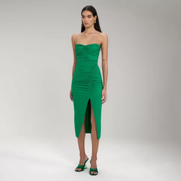 Dresses*Self-Portrait Bright Green Jersey Strapless Ruched Midi Dress