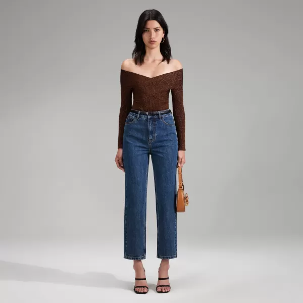 Knitwear*Self-Portrait Brown Lurex Knit Off Shoulder Top