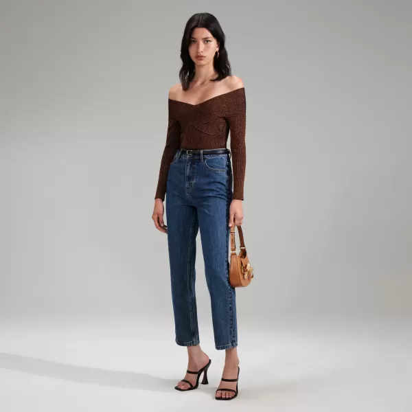 Knitwear*Self-Portrait Brown Lurex Knit Off Shoulder Top