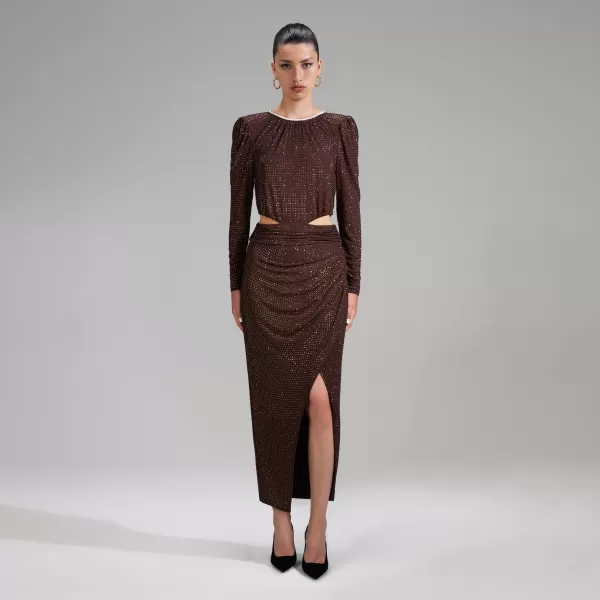 Dresses*Self-Portrait Brown Rhinestone Midi Dress