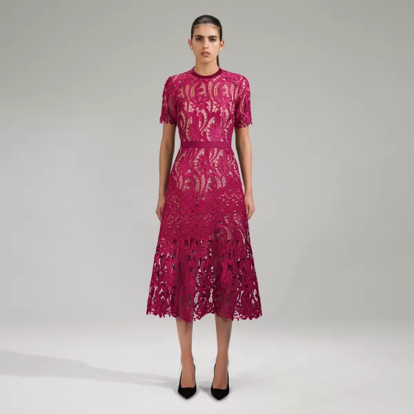 Dresses*Self-Portrait Burgundy Floral Lace Midi Dress