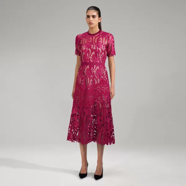 Dresses*Self-Portrait Burgundy Floral Lace Midi Dress