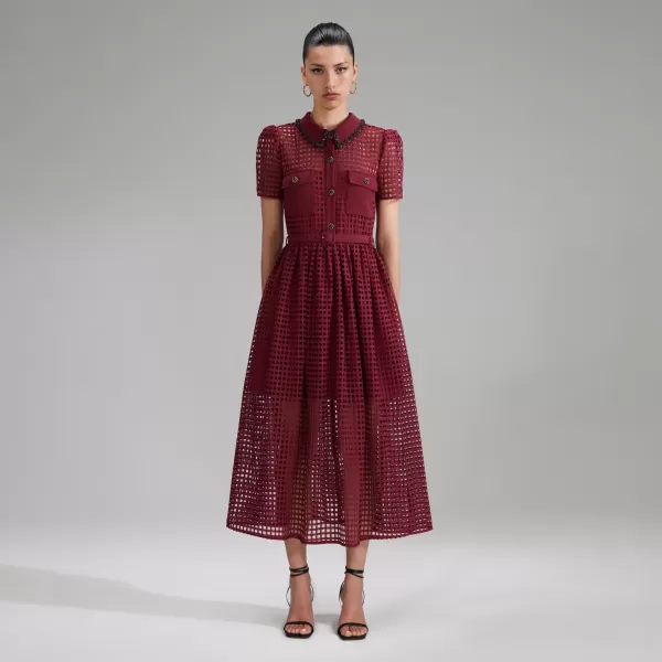 Dresses*Self-Portrait Burgundy Grid Lace Midi Dress